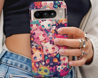 Pastel Chibi Cats Pixel Case brings whimsical kawaii vibes with sugary pinks, rainbow arcs, bow accents and starry sparkles to brighten days