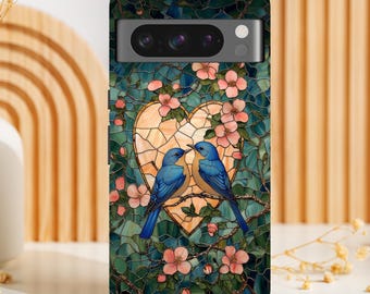 Bluebirds Stained Glass Pixel Case: Romantic Heart Floral Design