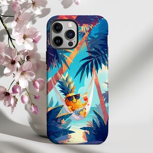 May include: A phone case with a tropical design featuring a pineapple wearing sunglasses and relaxing in a hammock. The pineapple is holding a cocktail. The background is a vibrant blue sky with palm trees.