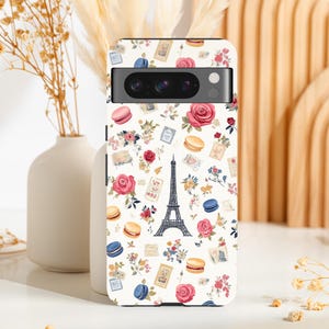 Chic Eiffel Tower Cottagecore Pixel Case, Paris Romance Cover,  Romantic Roses and Macaron Delight Collage, Vintage French Postcard Charm