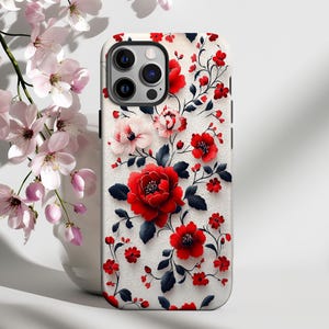 Red Flowers Phone Case, Beautiful Floral Phone Cover iPhone 16 15 14 13 12 pro max, Galaxy S25 S24 S23 Ultra, Google Pixel 9 8 7 Pro Roses