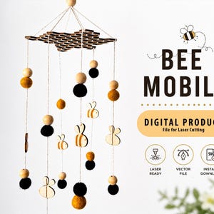 Può includere: Un mobile a tema api con elementi in legno, neri e gialli. Il mobile presenta una parte superiore a forma di stella, perline di legno, palline di feltro e ritagli a forma di ape. È visibile anche il testo "BEE MOBILE" e "DIGITAL PRODUCT".