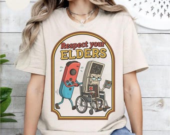 Respect Your Elders Game Shirt, Funny Retro Gamer Graphic T-Shirt, Vintage Console Old School Gaming Lover Tee Gift, Grandpa Gamer