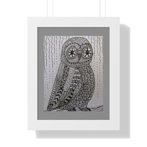 Vertical Poster, Hand Drawn Owl, Owl Black and White, White Frame Owl, Art Print for Home Decor, Nature Lover Gift, Whimsical Wall Art