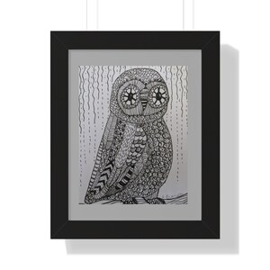 Vertical Poster, Hand Drawn Owl, Owl Black and White, Framed Owl Art, Art Print of Owl for Home Decor, Nature Lover Gift, Whimsical Wall Art