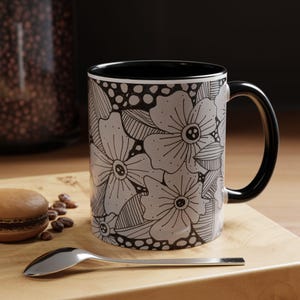 Floral Accent Coffee Mug, Abstract Art Black and White Flower Mug, Art Lover Mug, Tea Lovers, Flower Mug, Mother&#39;s Day, Wedding Favors