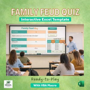 May include: A classroom scene with a projected "Family Feud Quiz" game. The screen displays questions, answers, and a leaderboard. The text "Interactive Excel Template" and "Ready-to-Play With VBA Macro" are also visible.
