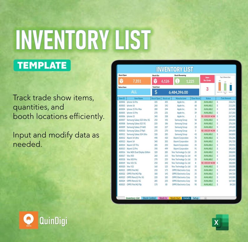 May include: A screenshot of a spreadsheet program showing an inventory list. The spreadsheet has columns for item ID, item name, cost, stock, value, and total amount. The spreadsheet is titled "Inventory List" and shows a total of 7,351 items in stock, 6,126 items sold, 1,225 items remaining, and 3 items on backorder. The total value of the inventory is $6,484,396.00.