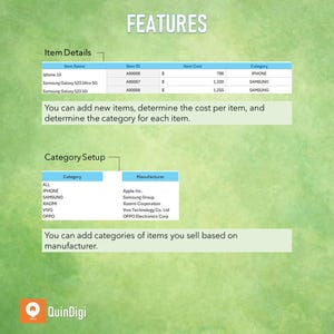 May include: A table with a green background shows a list of items, their IDs, costs, and categories. The table is titled "Item Details". Below the table, the text reads "You can add new items, determine the cost per item, and determine the category for each item."