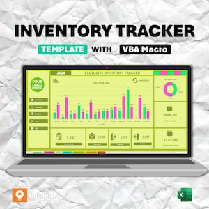 Op de afbeelding: Een laptopscherm dat een groen-gele spreadsheet voor het bijhouden van de voorraad toont met een staafdiagram, een cirkeldiagram en gegevenstabellen. De spreadsheet bevat de tekst "EXCLUSIVE INVENTORY TRACKER" en "2024".