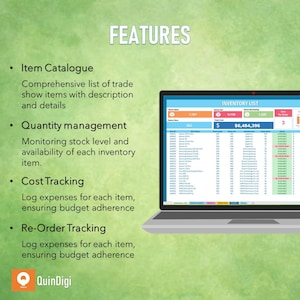 May include: A laptop computer screen displaying a software program for inventory management. The screen shows a list of items, quantities, and prices. The text on the screen reads "INVENTORY LIST" and "$6,484,396". The laptop is on a green background with the text "FEATURES" at the top of the screen. The text below the screen lists features of the software program, including "Item Catalogue", "Quantity Management", "Cost Tracking", and "Re-Order Tracking".