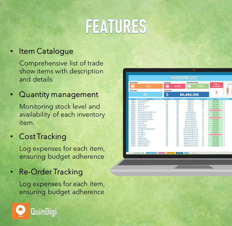 May include: A laptop computer screen displaying a software program for inventory management. The screen shows a list of items, quantities, and prices. The text on the screen reads "INVENTORY LIST" and "$6,484,396". The laptop is on a green background with the text "FEATURES" at the top of the screen. The text below the screen lists features of the software program, including "Item Catalogue", "Quantity Management", "Cost Tracking", and "Re-Order Tracking".