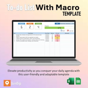 May include: A laptop screen displaying a to-do list template with a progress bar showing 67% complete. The template includes columns for task name, due date, status, priority, and remarks. The title of the template is "To-do List With Macro TEMPLATE".