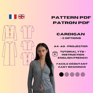 Peut inclure: Un patron de téléchargement numérique pour un cardigan avec cinq options. Le patron comprend une vidéo tutorielle et des instructions en anglais et en français. Le patron est disponible en tailles A4, A0 et projecteur. Le patron est facile pour les débutants.