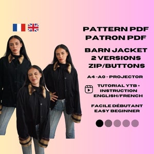 Peut inclure: Patron numérique pour une veste de style barn avec deux versions, une avec une fermeture éclair et une avec des boutons. Le patron comprend des instructions en anglais et en français, ainsi qu'une vidéo tutoriel. Le patron est disponible en tailles A4, A0 et projecteur.
