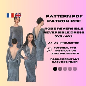 Può includere: Un modello digitale per un abito reversibile nelle taglie 3XS-4XL. Il modello include istruzioni in inglese e francese, e un video tutorial. L'abito è mostrato in un tessuto argentato con scollo a scialle e schiena bassa.