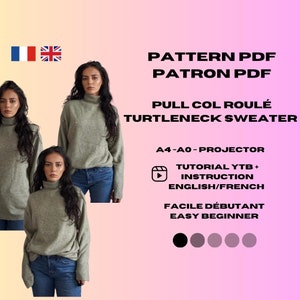 Peut inclure: Patron PDF pour un pull col roulé en vert. Le patron comprend des instructions en anglais et en français. Le patron est disponible en tailles A4, A0 et projecteur.