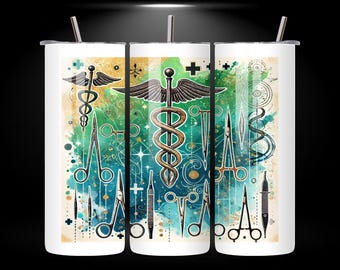 Envoltura para vaso delgado de 20 oz con herramientas médicas y caduceo PNG, sublimación para atención médica, plantilla de descarga digital de sublimación sin costuras de 20 oz