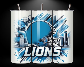 May include: A white stainless steel tumbler with a blue and white graphic design featuring a football helmet, the word "LIONS", and a cityscape.