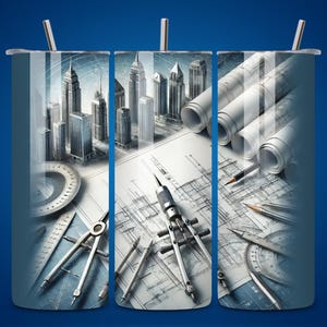 Arkitektonisk 20oz smal tumblerwrap PNG, urban skyline-ritningsdesign, sömlös 20oz sublimeringsmall för digital nedladdning