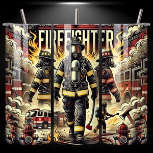 Firefighter Tribute 20oz Skinny Tumbler Wrap PNG, Heroic Firefighter Design, Seamless 20oz Sublimation Digital Download Template