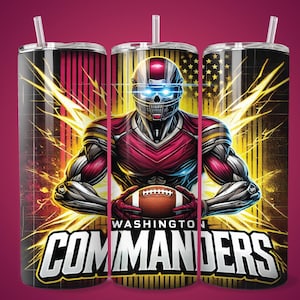 May include: A stainless steel tumbler with a graphic of a robotic football player wearing a red and black uniform. The graphic includes the text "WASHINGTON COMMANDERS" and a football. The background is a yellow and black pattern with lightning bolts.
