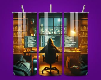 Coding Hacker 20oz Skinny Tumbler Wrap PNG,  Programmer at Work Night Scene, Seamless 20oz Sublimation Digital Download Template