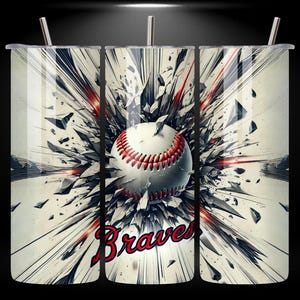 May include: A white and red baseball with a white background and the word "Braves" in red and black letters. The baseball is breaking through a cracked, gray surface.