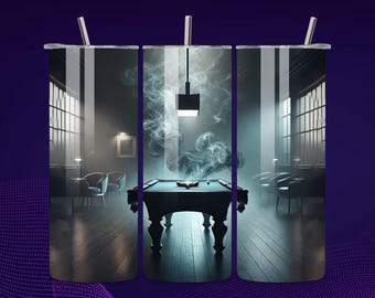 May include: Three stainless steel tumblers with a smoky, dimly lit pool hall scene. The scene features a pool table, chairs, and a hanging light fixture.
