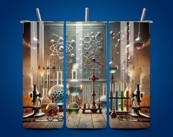 May include: Three stainless steel tumblers with a science theme. Each tumbler features a different image of a laboratory with beakers, flasks, and other scientific equipment. The images are in shades of brown, blue, and green.
