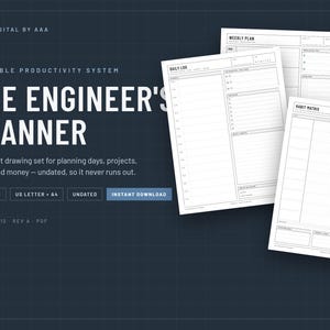 May include: A printable productivity system titled The Engineer's Planner, featuring a 12-sheet undated drawing set for planning days, projects, habits, and money. The set includes a daily log, weekly plan, and habit matrix in US Letter and A4 sizes.