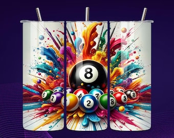 May include: A colorful abstract design with paint splatters and a pool ball set. The 8 ball is in the center of the design, surrounded by other pool balls. The design is on a white tumbler.
