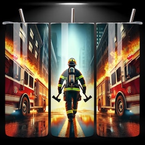 Firefighter 20oz Skinny Tumbler Wrap PNG, Heroic Firefighter Scene, Seamless 20oz Sublimation Digital Download Template