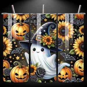 May include: A cylindrical tumbler with a straw featuring a Halloween-themed pattern on a black background. The design includes a white ghost wearing a witch hat, orange jack-o'-lantern pumpkins, yellow sunflowers, black roses, and small bats.