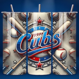 May include: A white tumbler with a baseball theme. It features two crossed baseball bats, a baseball, and the word "Cubs" in blue and red lettering. The background is a white and gray pattern with stars.