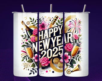 2025 Ano Novo 20oz Skinny Tumbler Wrap PNG, Design Sem Costura para Celebração de Ano Novo, Modelo de Download Digital de Sublimação de 20oz