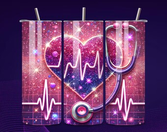 Glitter Heartbeat 20oz Skinny Tumbler Wrap PNG, Pink Sparkle Stethoscope Design, Seamless 20oz Sublimation Tumbler Digital Download Template