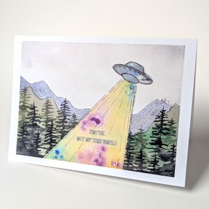 OVNI | carte de voeux, je pense à vous, merci, intérieur vierge, enveloppe incluse | Oeuvre d'art aquarelle originale de science-fiction, papeterie aquarelle