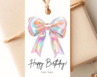 Happy Birthday Gift Tag Iridescent Bow Tags Girly Labels EDITABLE Canva Template Instant Download