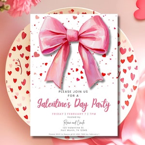 Galentine&#39;s Dau Party Invitation Pink Bow Invite EDITABLE Template