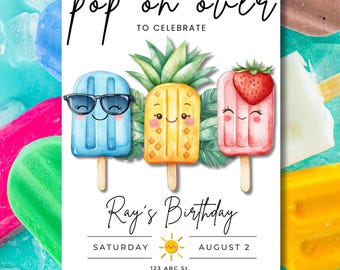 Popsicle Birthday Invitation Summer Pool Party Invite Pop on Over EDITABLE Instant Download