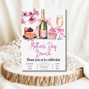 May include: A white invitation card with pink floral illustrations and a pink cupcake. The text reads "Mother's Day Brunch" and "Please join us to celebrate!" with details for the event: Sunday, May 11th, 11am to 1pm.