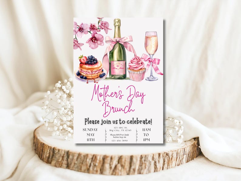 May include: A white invitation card with pink floral illustrations and a pink cupcake. The text reads "Mother's Day Brunch" and "Please join us to celebrate!" with details for the event: Sunday, May 11th, 11am to 1pm.