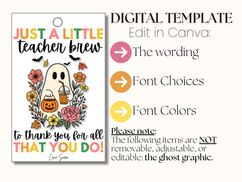 Puede incluir: Una plantilla digital con el texto "JUST A LITTLE teacher brew" y "to thank you for all THAT YOU DO!". Un fantasma gr&aacute;fico sostiene una calabaza y una bebida. La plantilla es editable en Canva.