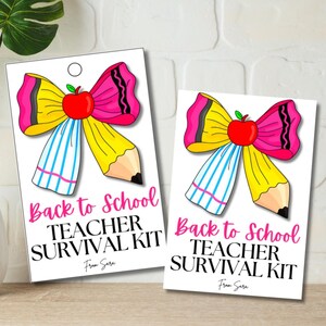 May include: Two white rectangular cards with a pencil and apple design, and the text "Back to School TEACHER SURVIVAL KIT". The pencil is yellow with a pink bow and a red apple. The text "From Sara" is at the bottom.