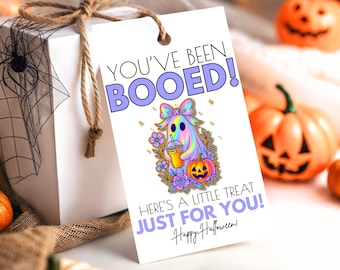 Halloween Boo Basket Gift Tag You've Been Booed Tags Printable Iridescent Ghost Party Favor Treats EDITABLE Canva Template Digital Download