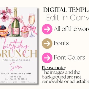 Pode incluir: Um convite para um brunch de anivers&aacute;rio rosa e dourado com uma ilustra&ccedil;&atilde;o em aquarela de uma garrafa de champanhe, um cupcake e um prato de panquecas. O texto diz "brunch de anivers&aacute;rio" e "Por favor, junte-se a n&oacute;s para homenagear Sara".