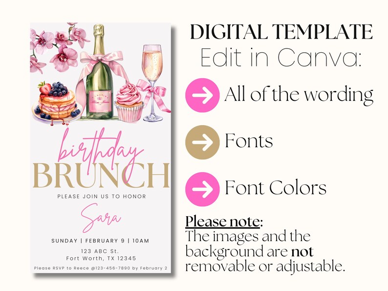 Pode incluir: Um convite para um brunch de anivers&aacute;rio rosa e dourado com uma ilustra&ccedil;&atilde;o em aquarela de uma garrafa de champanhe, um cupcake e um prato de panquecas. O texto diz "brunch de anivers&aacute;rio" e "Por favor, junte-se a n&oacute;s para homenagear Sara".