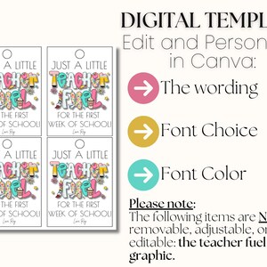 May include: Digital template for teacher appreciation tags. The tags read "Just a Little Teacher Fuel for the First Week of School." The template is editable in Canva, with options for wording, font choice, and font color. The teacher fuel graphic is not editable.