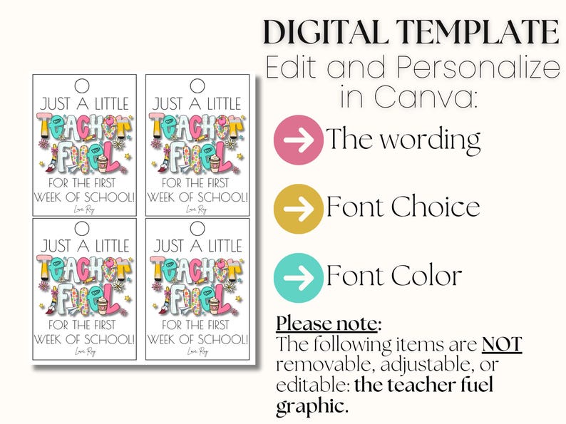 May include: Digital template for teacher appreciation tags. The tags read "Just a Little Teacher Fuel for the First Week of School." The template is editable in Canva, with options for wording, font choice, and font color. The teacher fuel graphic is not editable.